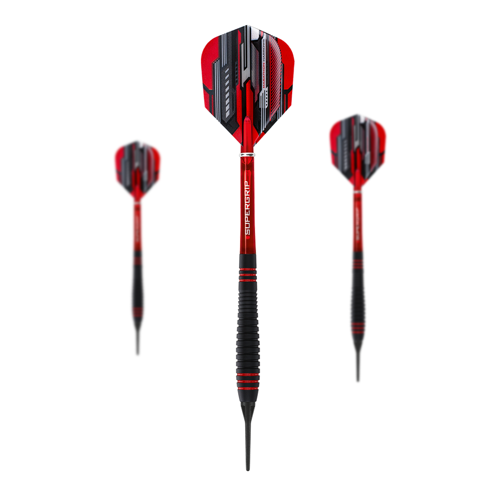 Auf dem Bild sind drei Harrows ACE Rubber Grip Softdarts zu sehen. Die Pfeile haben rote Flights mit schwarzem und silbernem Muster sowie schwarze Griffe mit roten Akzenten.